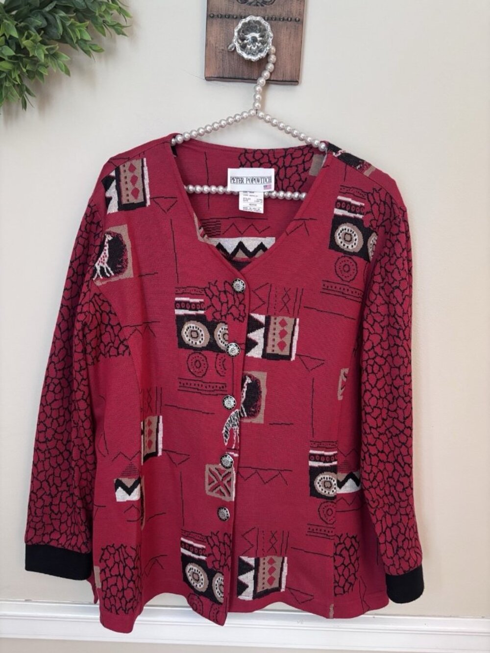 Vintage Peter Popovitch Size M Red Cardigan Sweater Safari Theme Zebra Giraffe